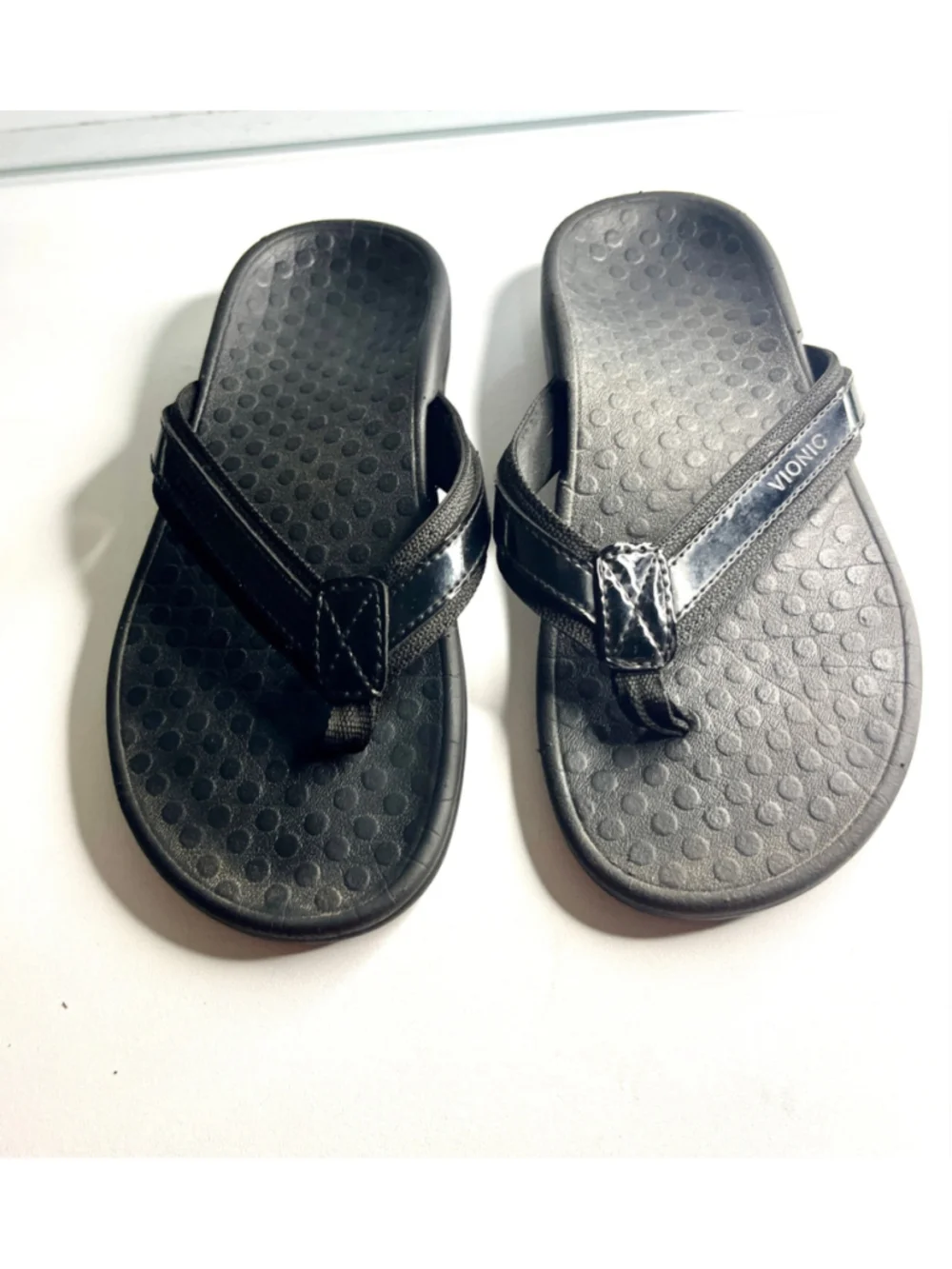 Women's Vionic Tide II Toe Post Black Leather Flip Flop Sandals Size 5